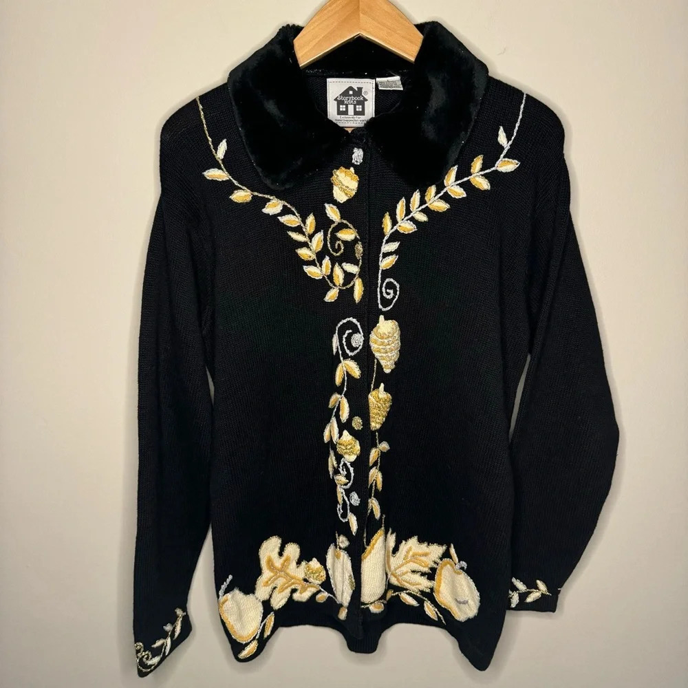 Storybook‎ Knits Acorn Fruits Theme Cardigan Sweater Cotton Ramie Button L Black